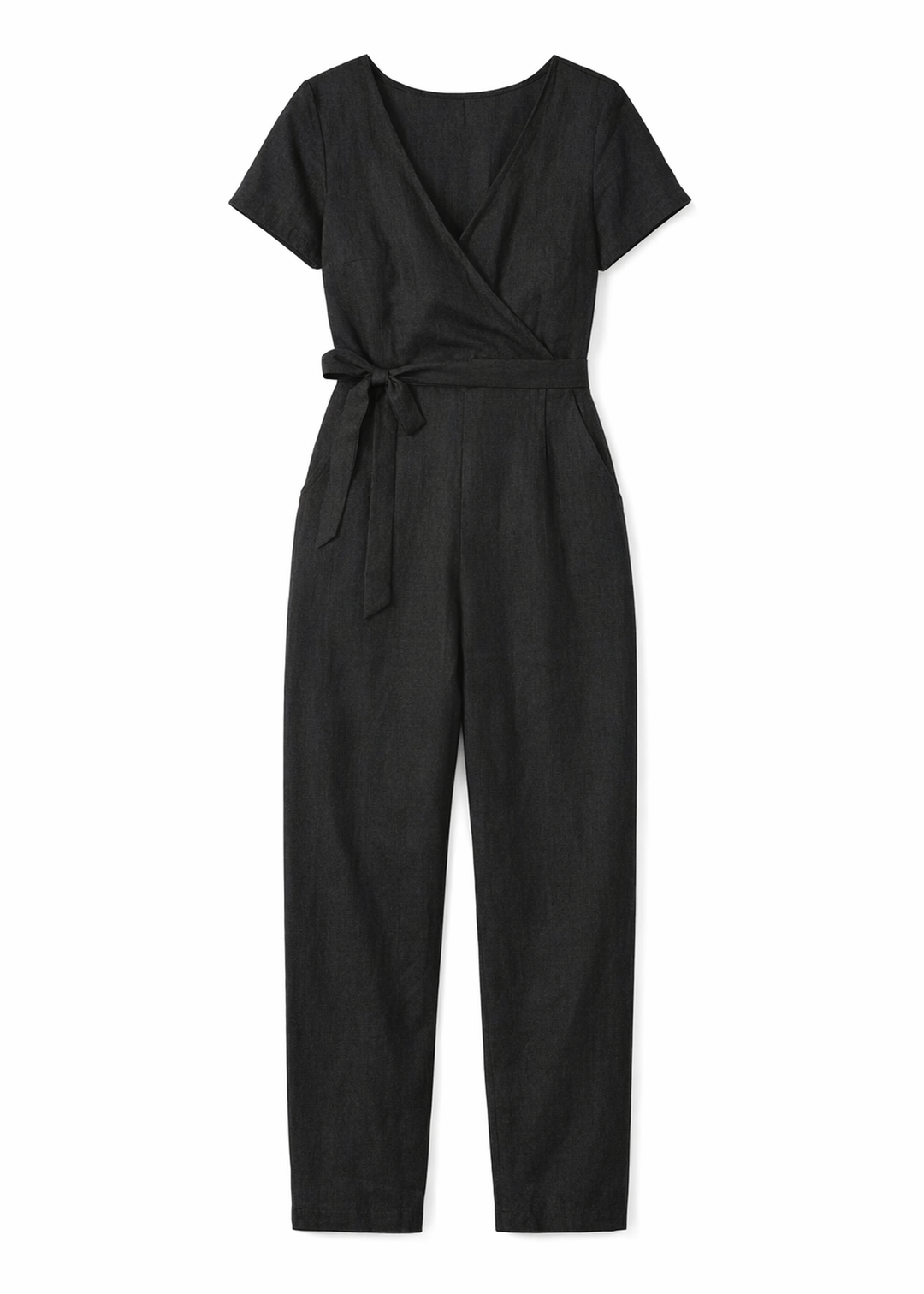 Wrap-Front Wide-Leg Linen Jumpsuit in Linen in Black — flat lay