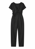 Wrap-Front Wide-Leg Linen Jumpsuit in Linen in Black — flat lay