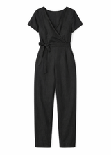 Wrap-Front Wide-Leg Linen Jumpsuit in Linen in Black — flat lay