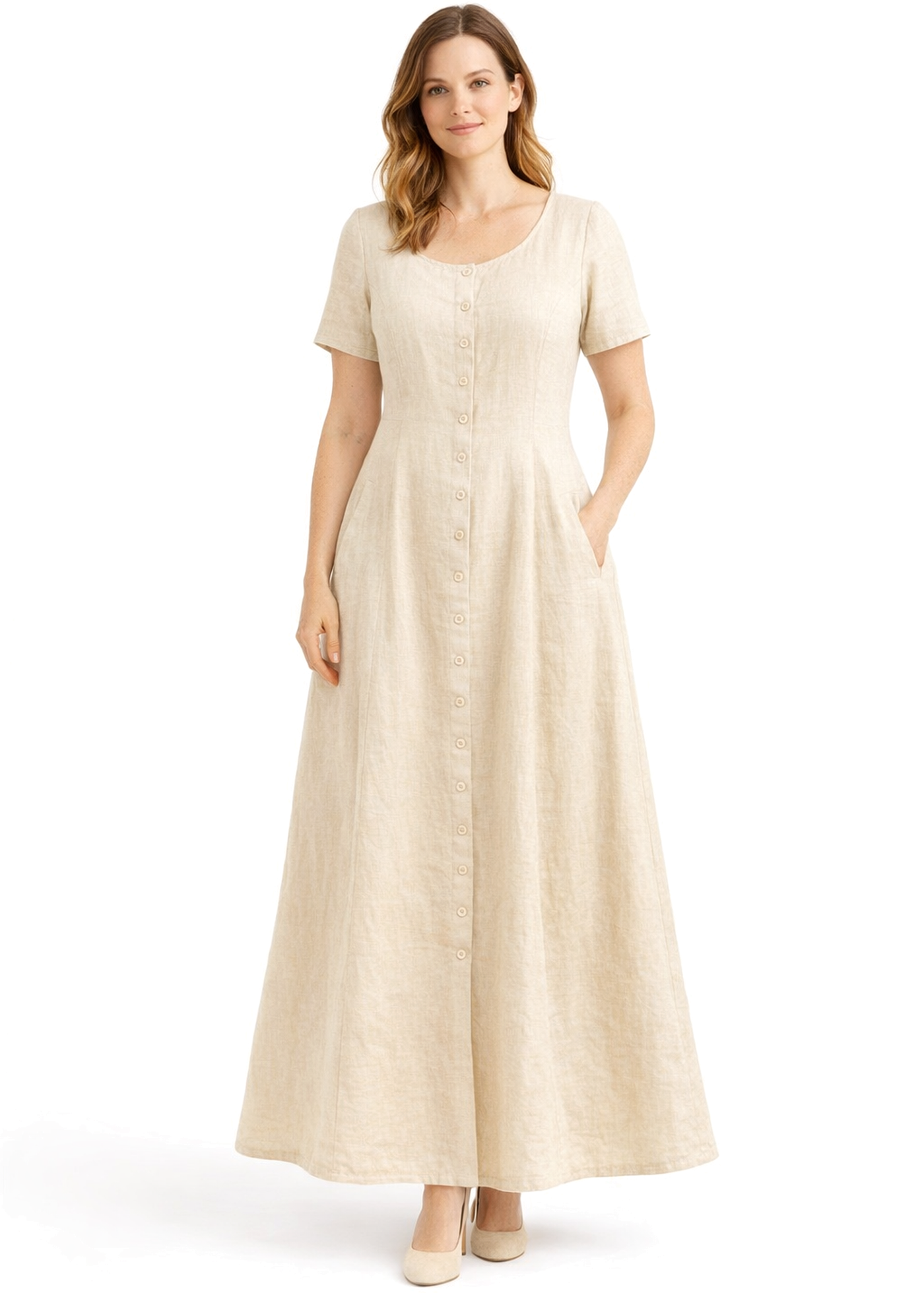 Short-Sleeve Button-Front Linen Maxi Dress in Linen in Natural — on model