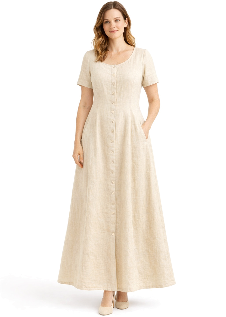 Short-Sleeve Button-Front Linen Maxi Dress in Linen in Natural — on model