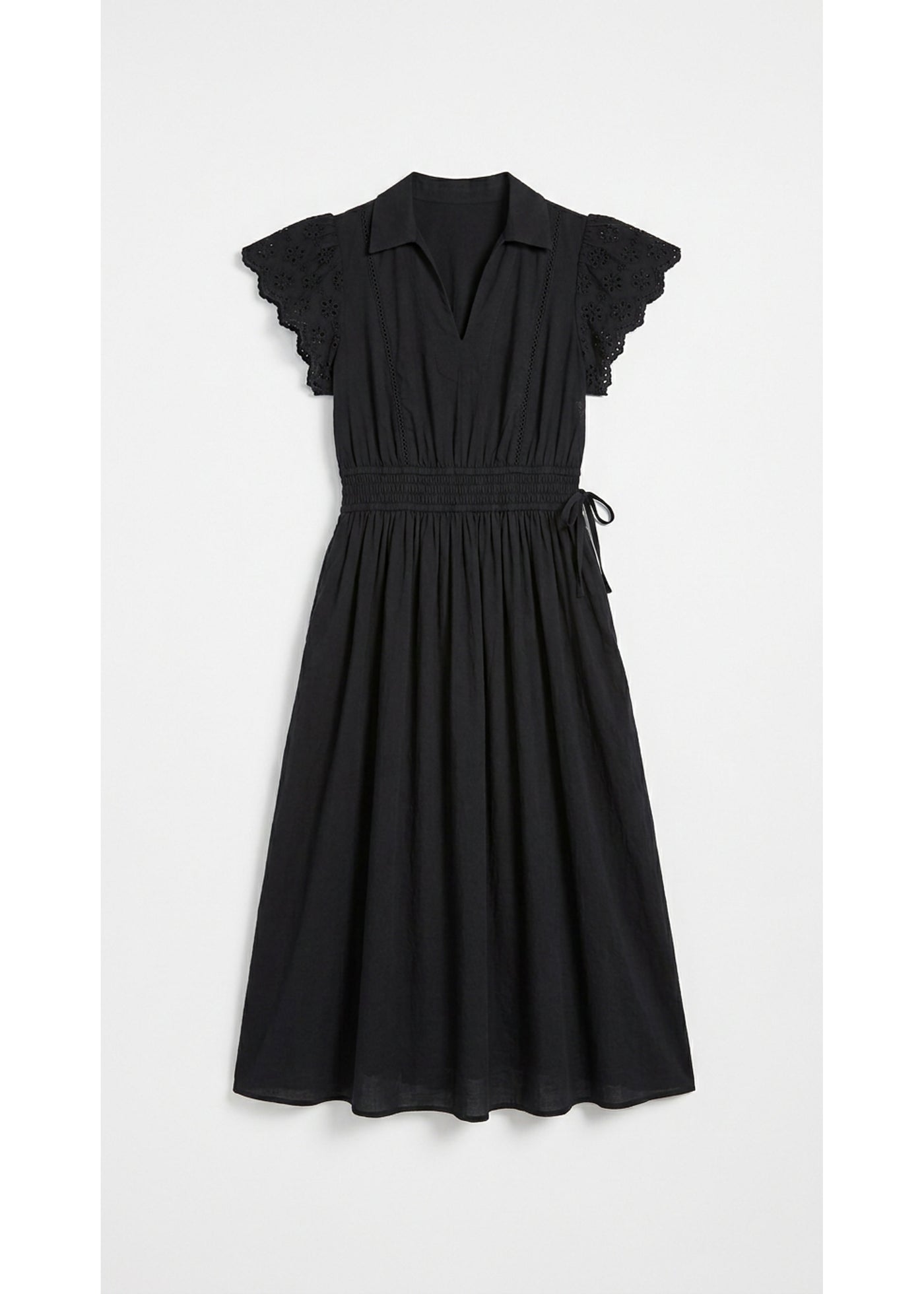 Eyelet Sleeve Maternity Midi Dress in Black — flat lay