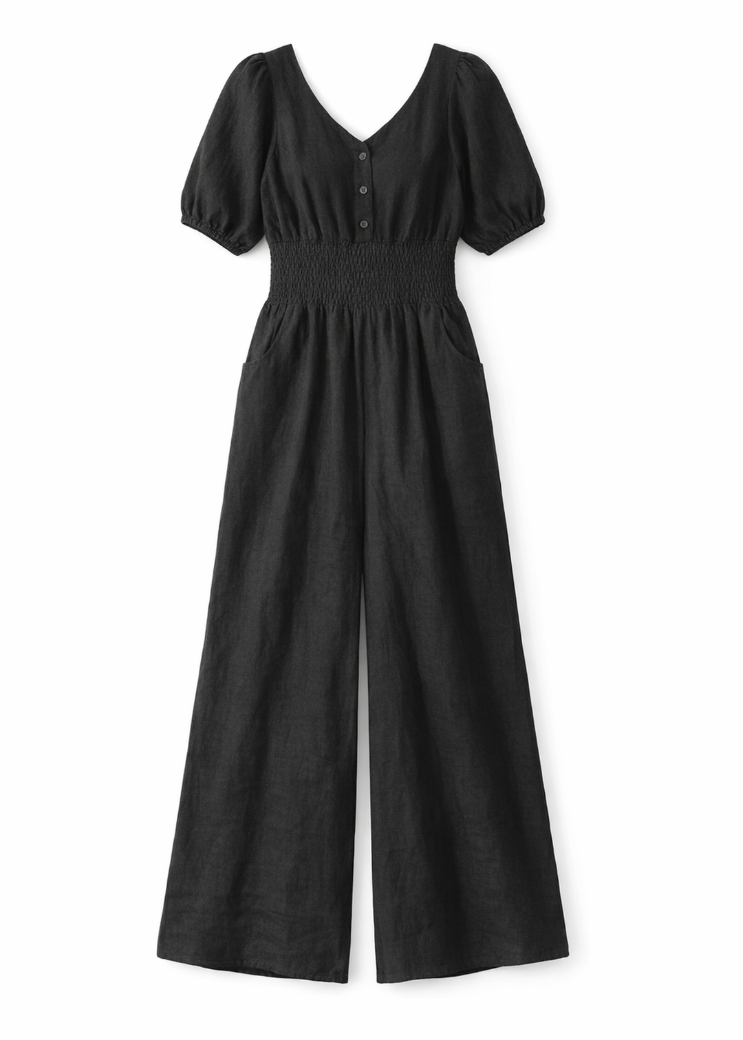 Smocked-Waist Wide-Leg Linen Jumpsuit in Linen in Black — flat lay