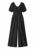 Smocked-Waist Wide-Leg Linen Jumpsuit in Linen in Black — flat lay