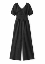 Smocked-Waist Wide-Leg Linen Jumpsuit in Linen in Black — flat lay