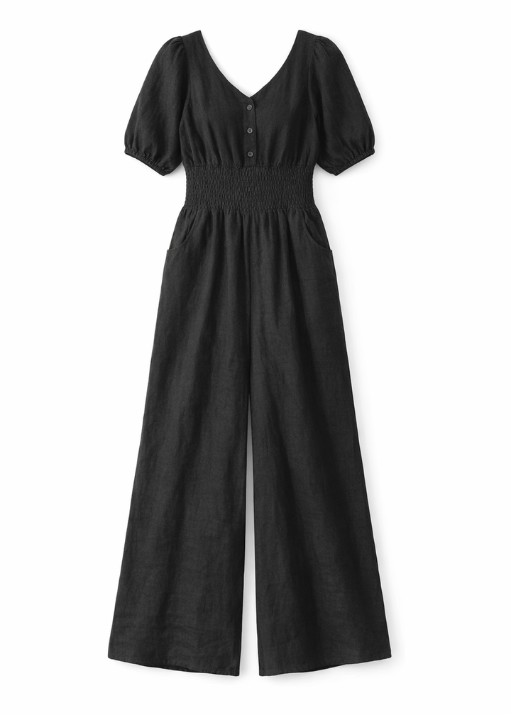 Smocked-Waist Wide-Leg Linen Jumpsuit in Linen in Black — flat lay