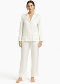Notch-Collar Satin Pajama Set in White - on model
