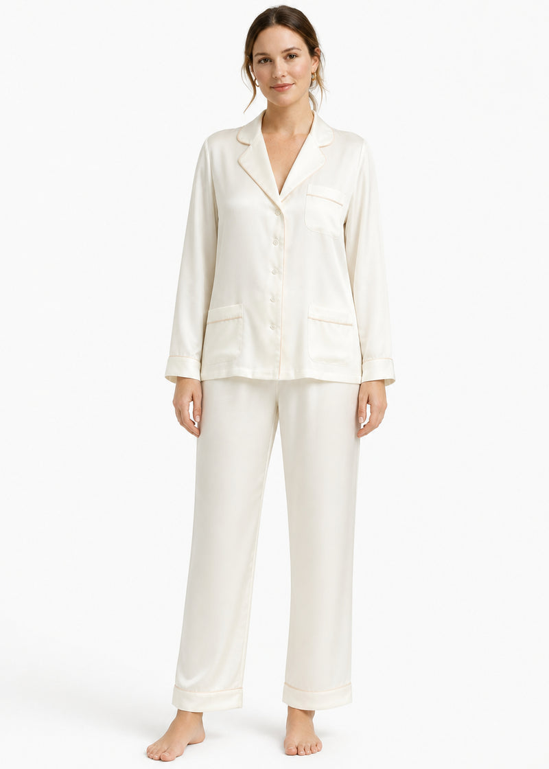 Notch-Collar Satin Pajama Set in White - on model