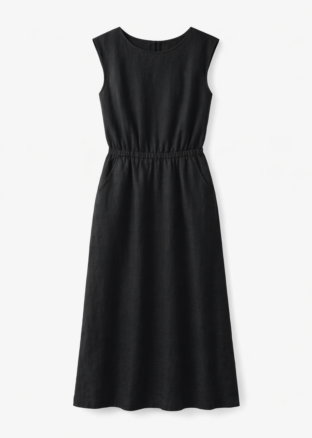 Sleeveless Gathered-Waist Linen Midi Dress in Linen in Black — flat lay