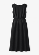 Sleeveless Gathered-Waist Linen Midi Dress in Linen in Black — flat lay