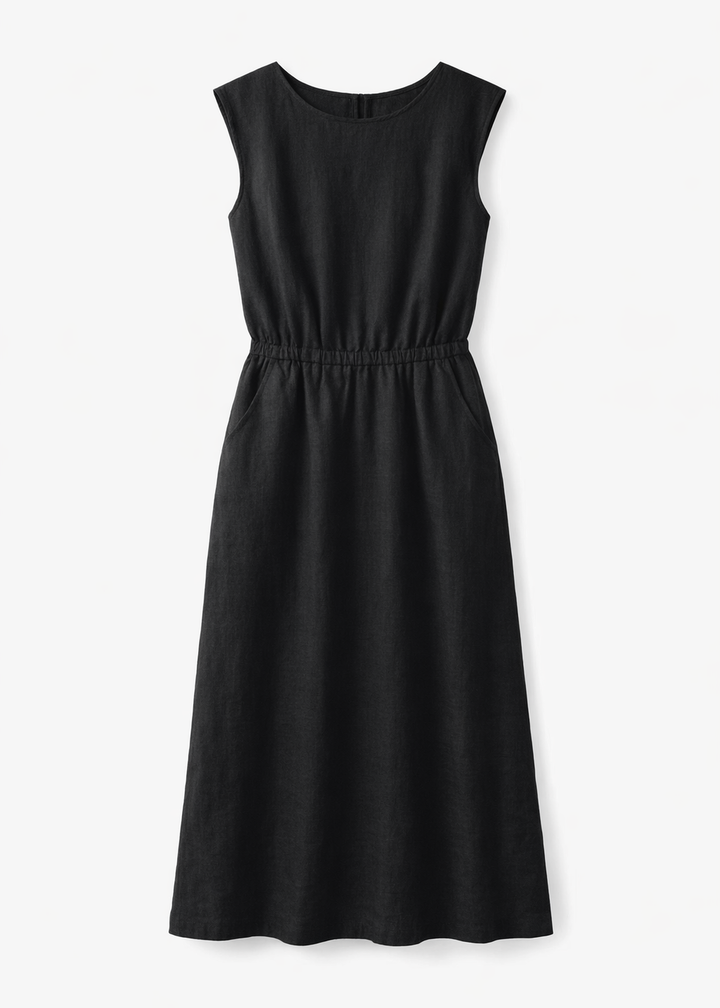 Sleeveless Gathered-Waist Linen Midi Dress in Linen in Black — flat lay