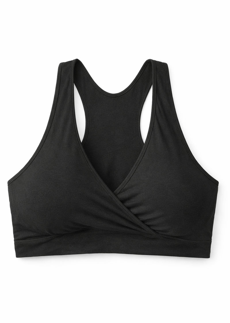 Racerback Nursing Sleep Bra in Black — flat lay, front