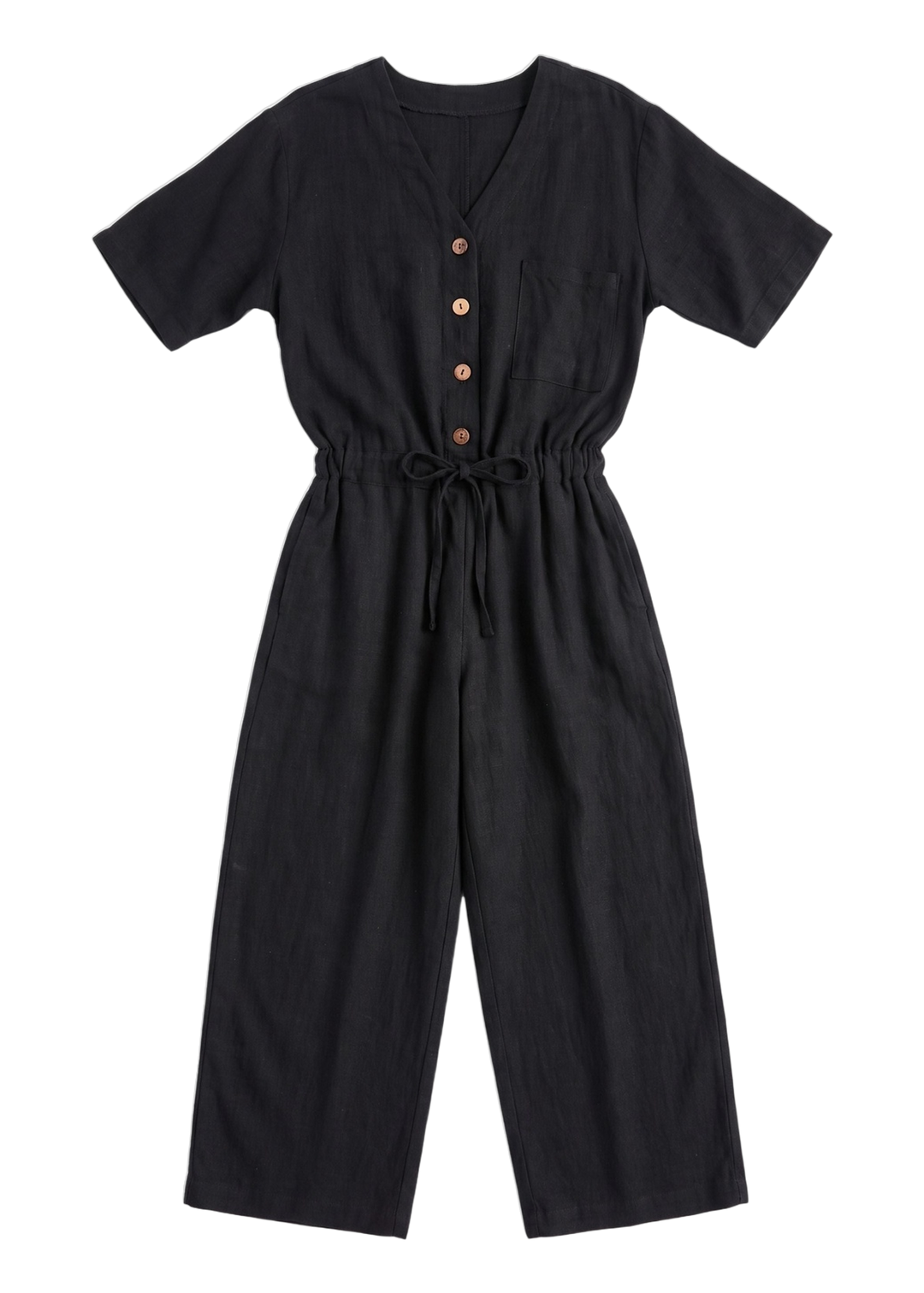 The Easy On/Off Jumpsuit in black sandwashed linen, laid flat.