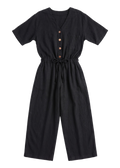 The Easy On/Off Jumpsuit in black sandwashed linen, laid flat.