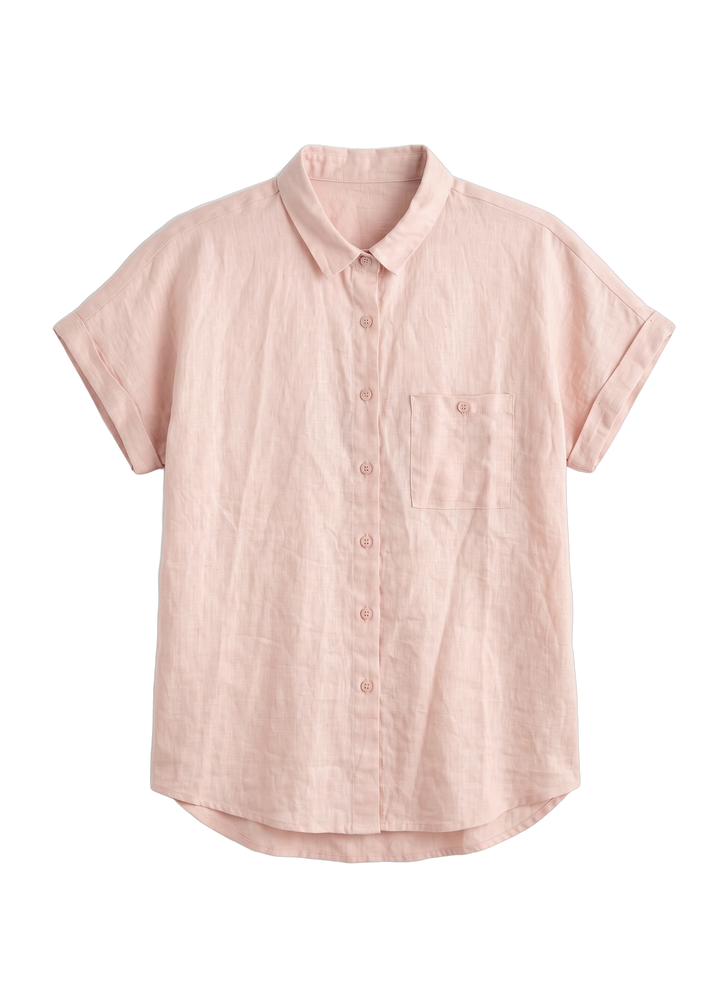 The Nora camp shirt in blush linen, laid flat