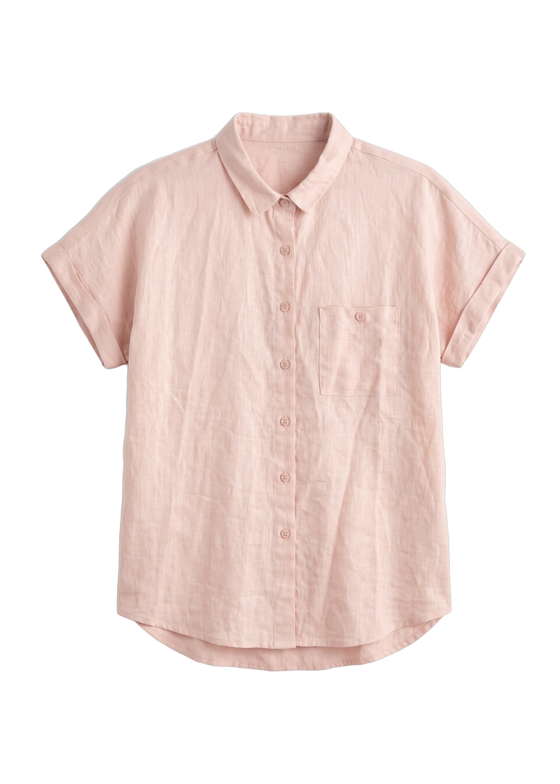 The Nora camp shirt in blush linen, laid flat