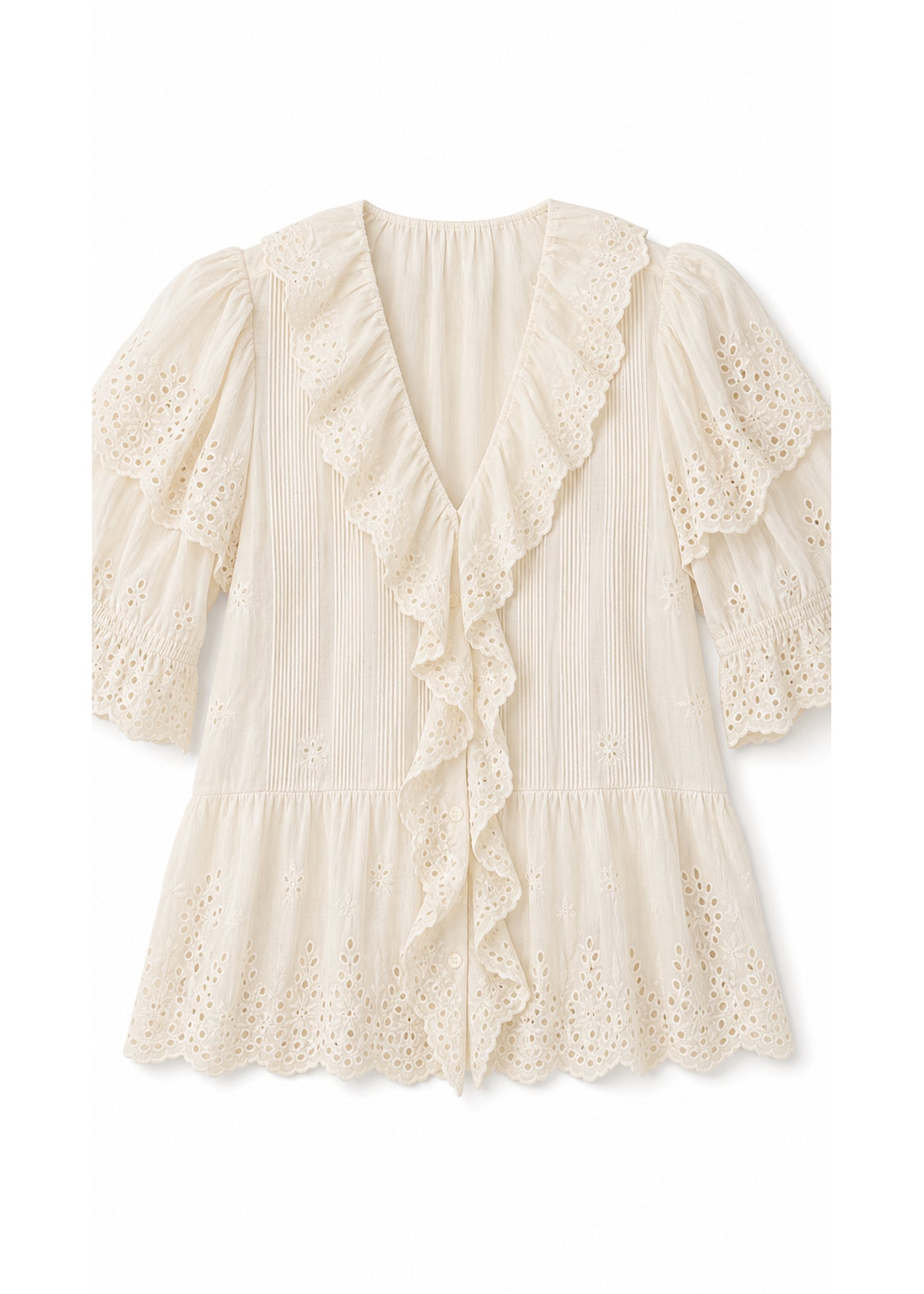Eyelet Ruffle Puff Sleeve Blouse in Cotton in Natural — flat lay