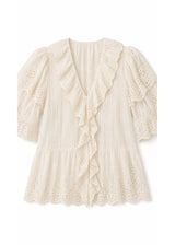 Eyelet Ruffle Puff Sleeve Blouse in Cotton in Natural — flat lay