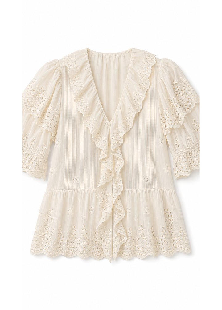 Eyelet Ruffle Puff Sleeve Blouse in Cotton in Natural — flat lay