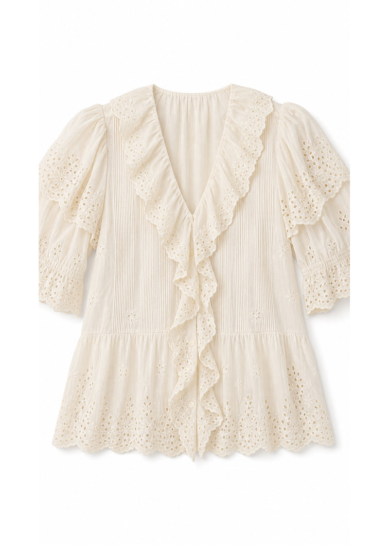 Eyelet Ruffle Puff Sleeve Blouse in Cotton in Natural — flat lay