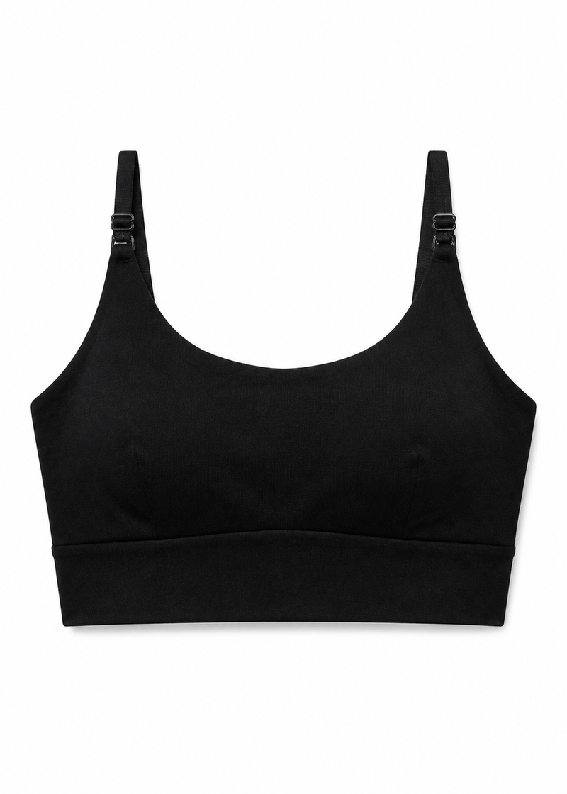 Scoop-Neck Nursing Bra in Linen in Black — flat lay