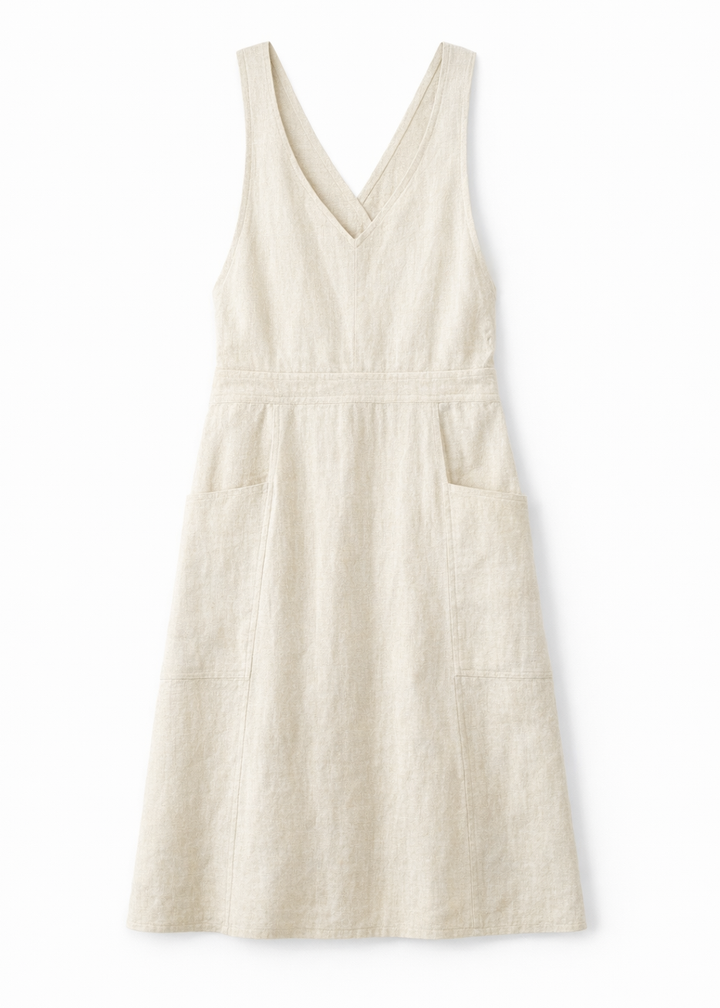 Cross-Back V-Neck Linen Pinafore Dress in Linen in Natural — flat lay
