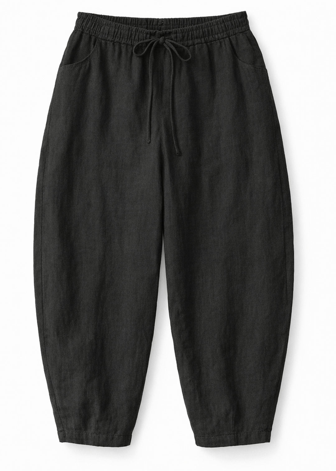 Barrel-Leg Under-Bump Drawstring Linen Pants in Linen in Black — flat lay