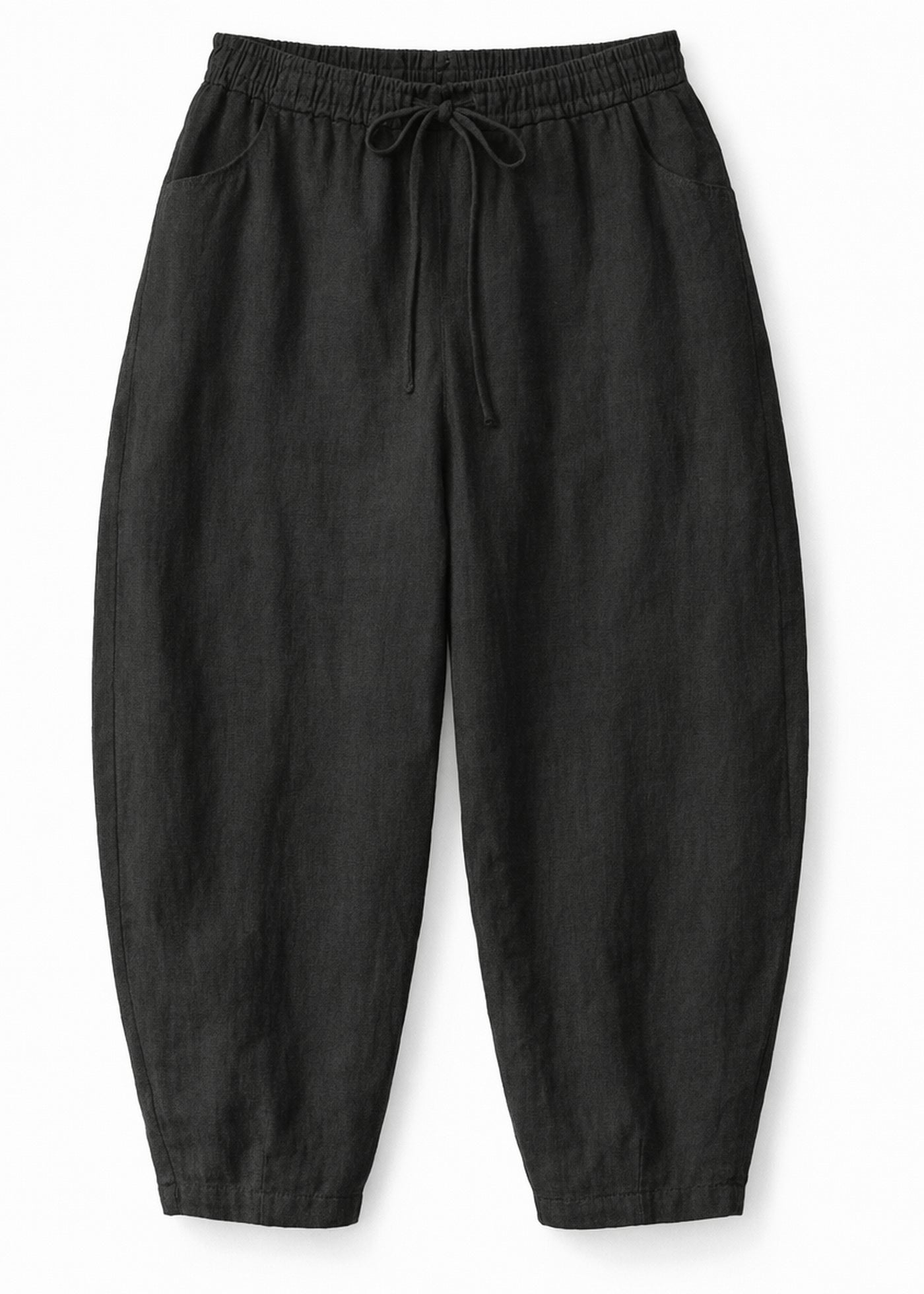 Barrel-Leg Under-Bump Drawstring Linen Pants in Linen in Black — flat lay