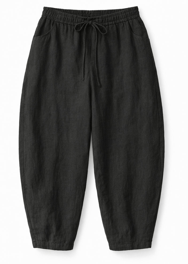 Barrel-Leg Under-Bump Drawstring Linen Pants in Linen in Black — flat lay