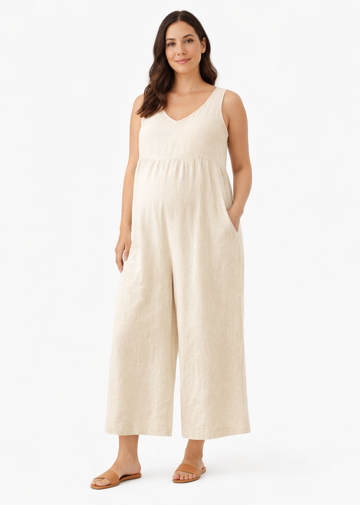 Wide-Leg Linen Maternity Jumpsuit in Linen in Natural — on model