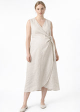 Sleeveless Ruched-Side Linen Wrap Dress in Natural — on model