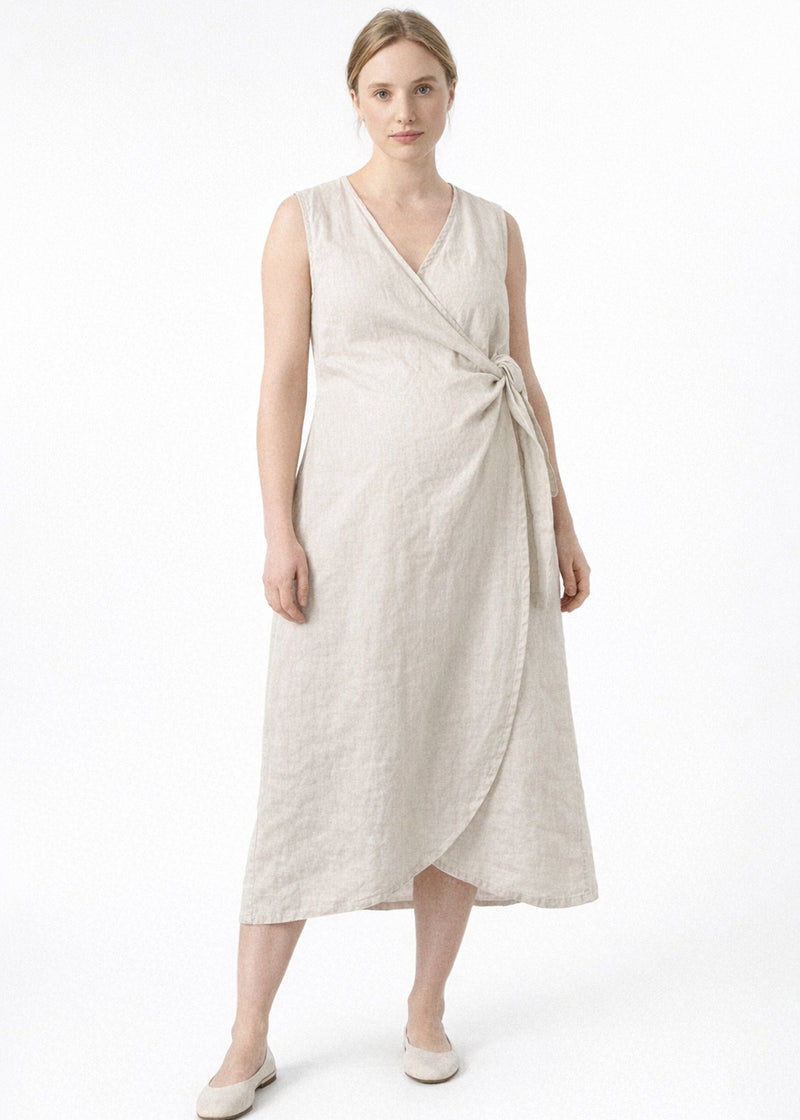 Sleeveless Ruched-Side Linen Wrap Dress in Natural — on model