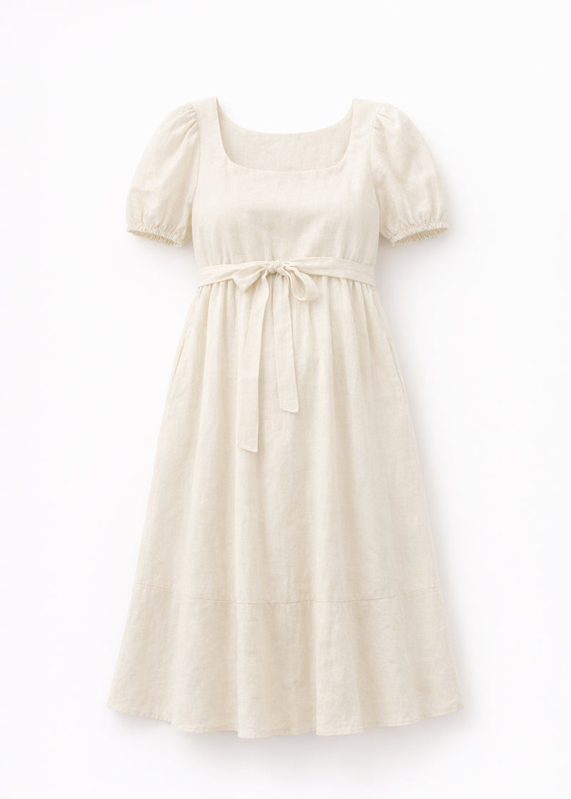 European Linen Maternity Midi Dress in Natural — flat lay