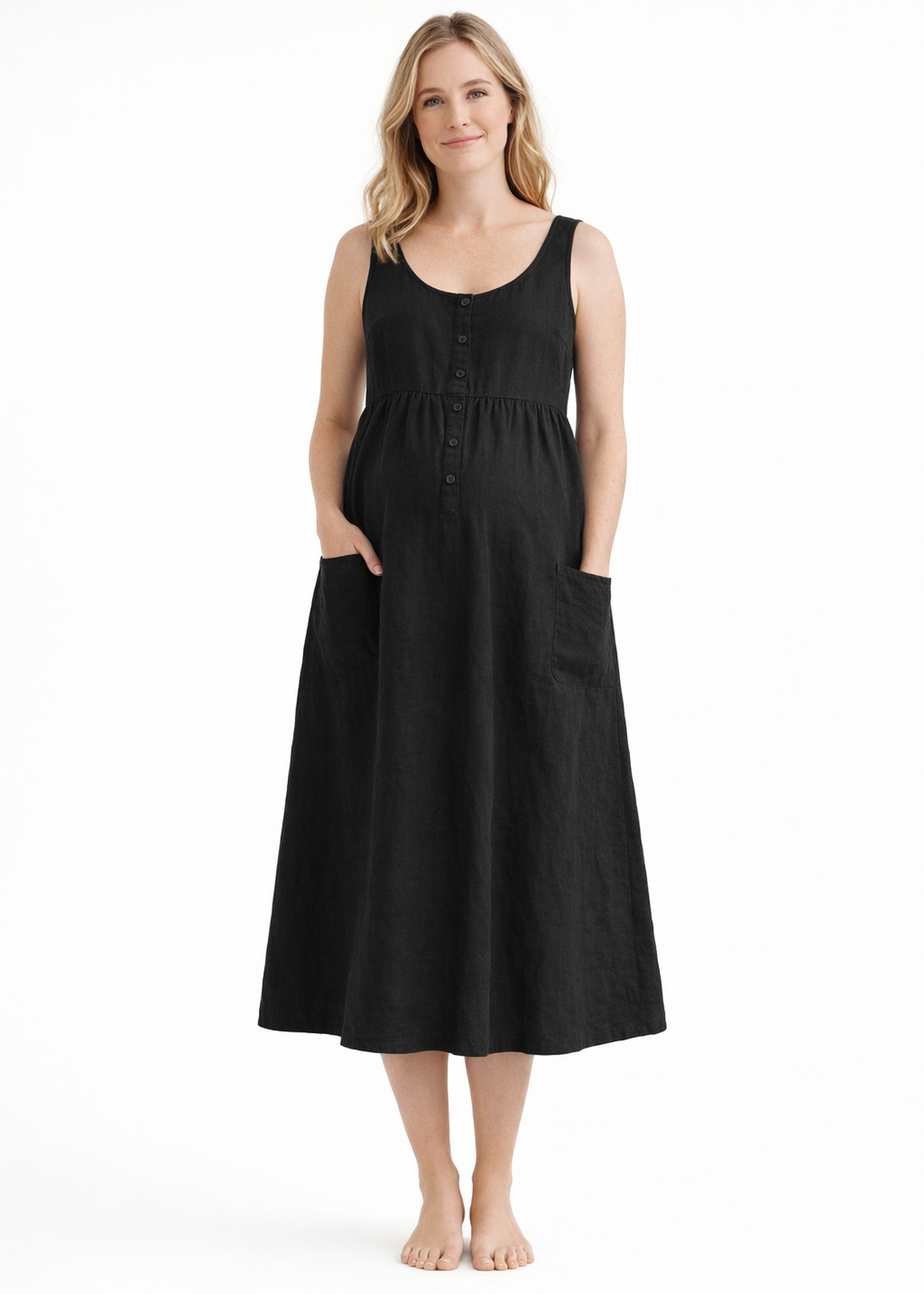 Cap-Sleeve Tiered Linen Maternity Maxi Dress in Linen in Black — on model