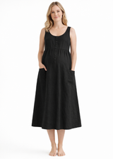 Cap-Sleeve Tiered Linen Maternity Maxi Dress in Linen in Black — on model