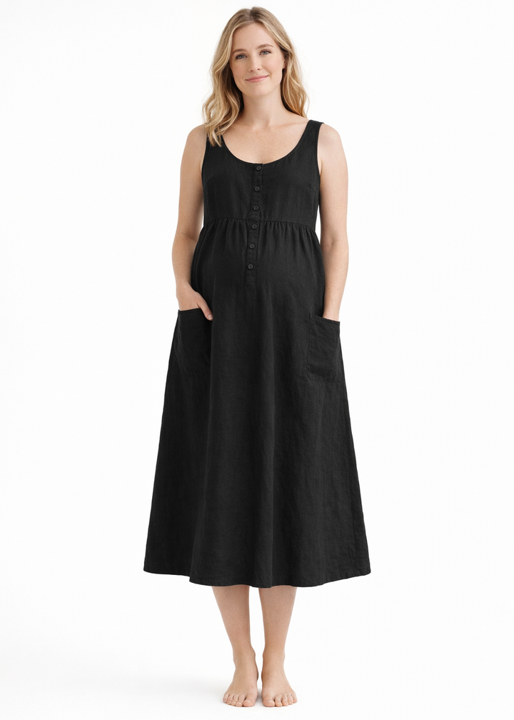 Cap-Sleeve Tiered Linen Maternity Maxi Dress in Linen in Black — on model