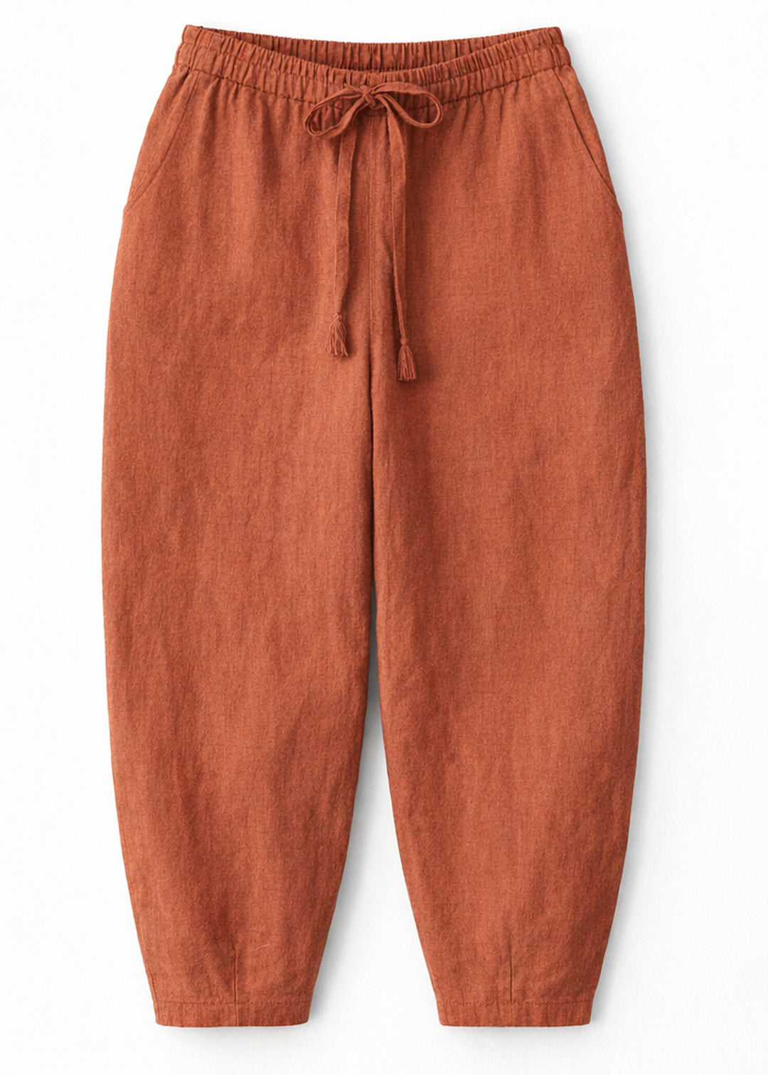 Barrel-Leg Under-Bump Drawstring Linen Pants in Linen in Clay — flat lay