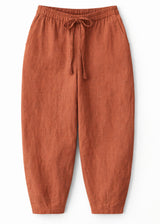 Barrel-Leg Under-Bump Drawstring Linen Pants in Linen in Clay — flat lay