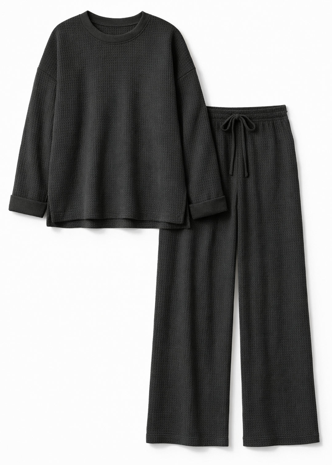 Waffle-Texture Drawstring Linen Lounge Set in Linen in Black — flat lay