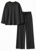 Waffle-Texture Drawstring Linen Lounge Set in Linen in Black — flat lay