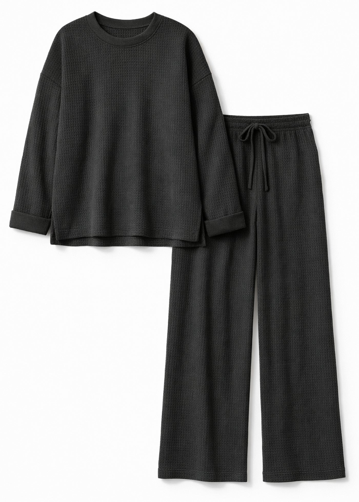 Waffle-Texture Drawstring Linen Lounge Set in Linen in Black — flat lay