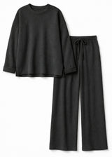 Waffle-Texture Drawstring Linen Lounge Set in Linen in Black — flat lay