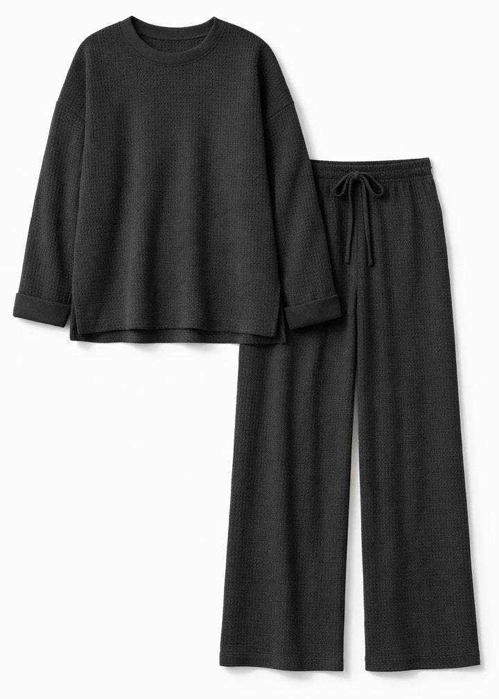 Waffle-Texture Drawstring Linen Lounge Set in Linen in Black — flat lay