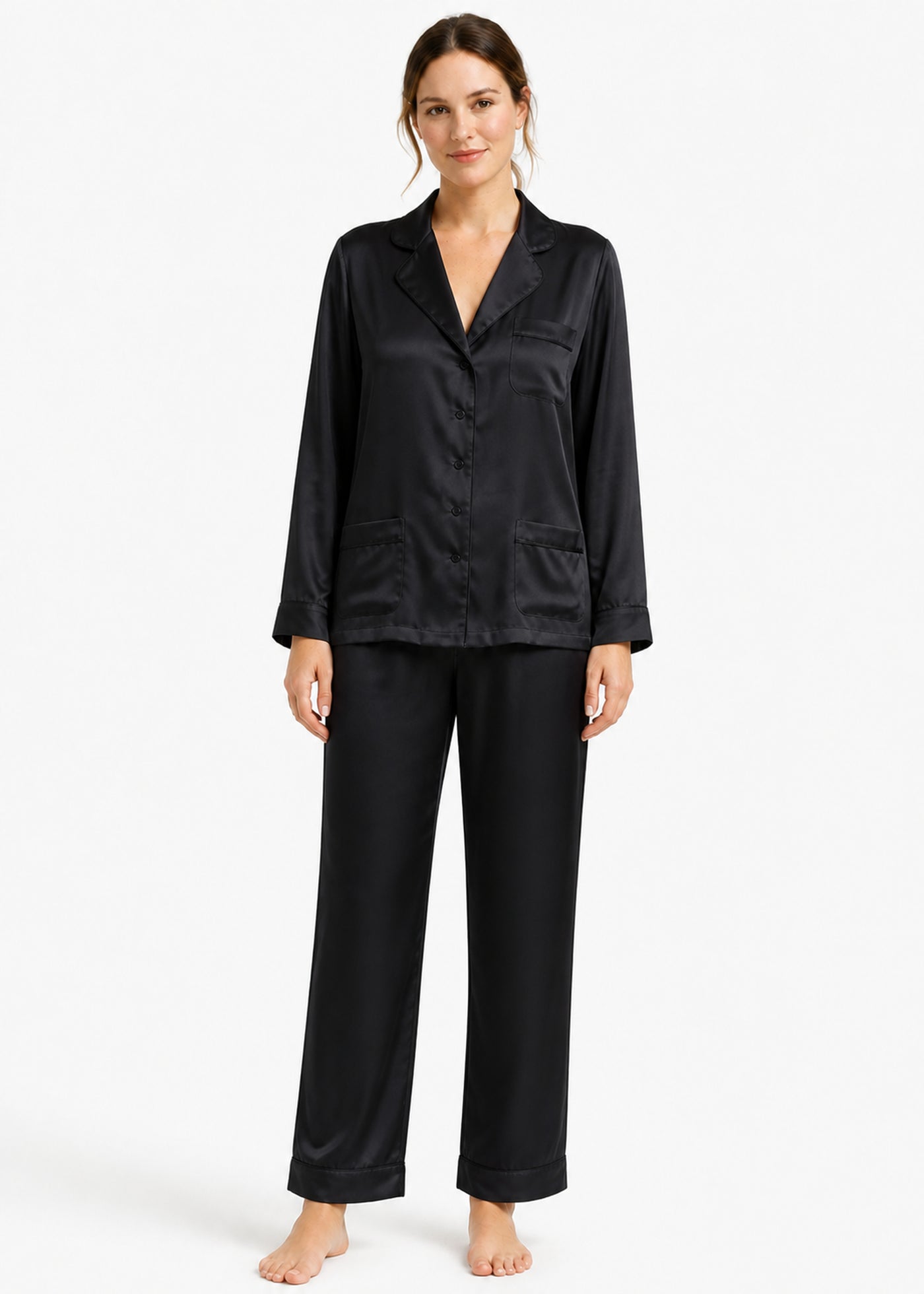 Notch-Collar Satin Pajama Set in Black - on model