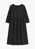 Button-Front Striped Linen Maternity Dress in Linen in Black — flat lay