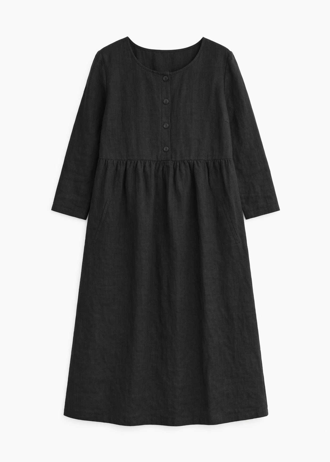 Button-Front Striped Linen Maternity Dress in Linen in Black — flat lay