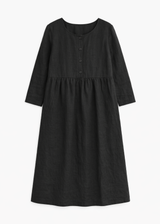 Button-Front Striped Linen Maternity Dress in Linen in Black — flat lay