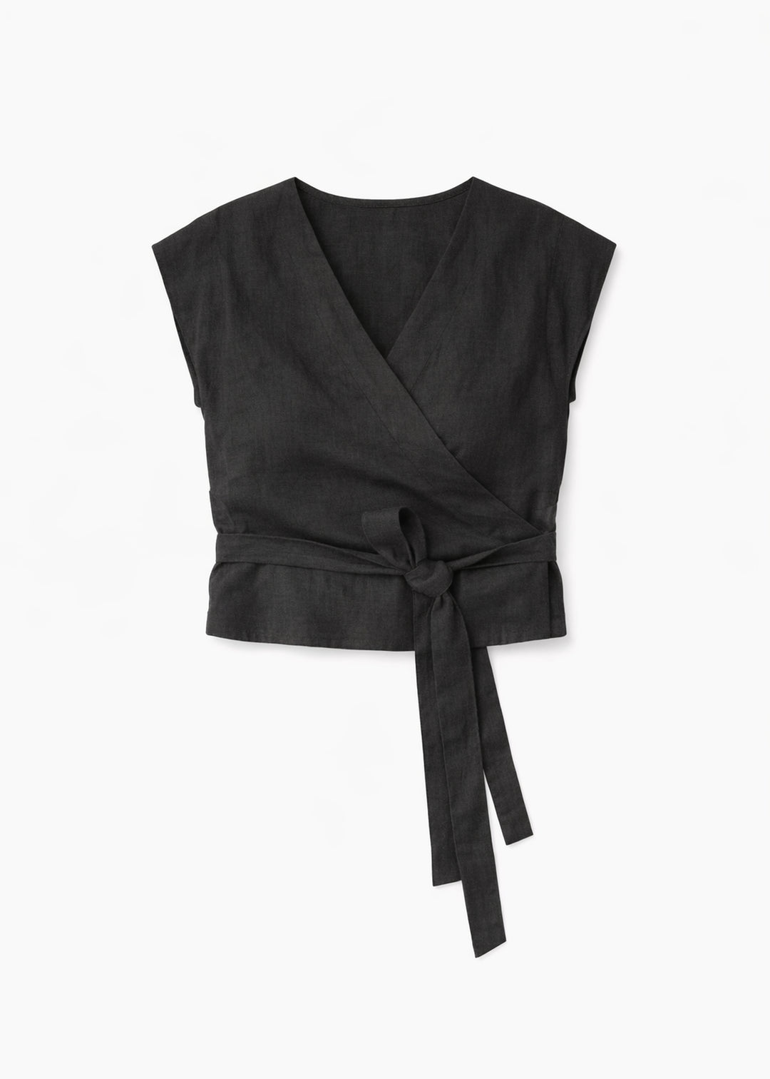 Cropped Drop-Shoulder Linen Wrap Top in Black — flat lay