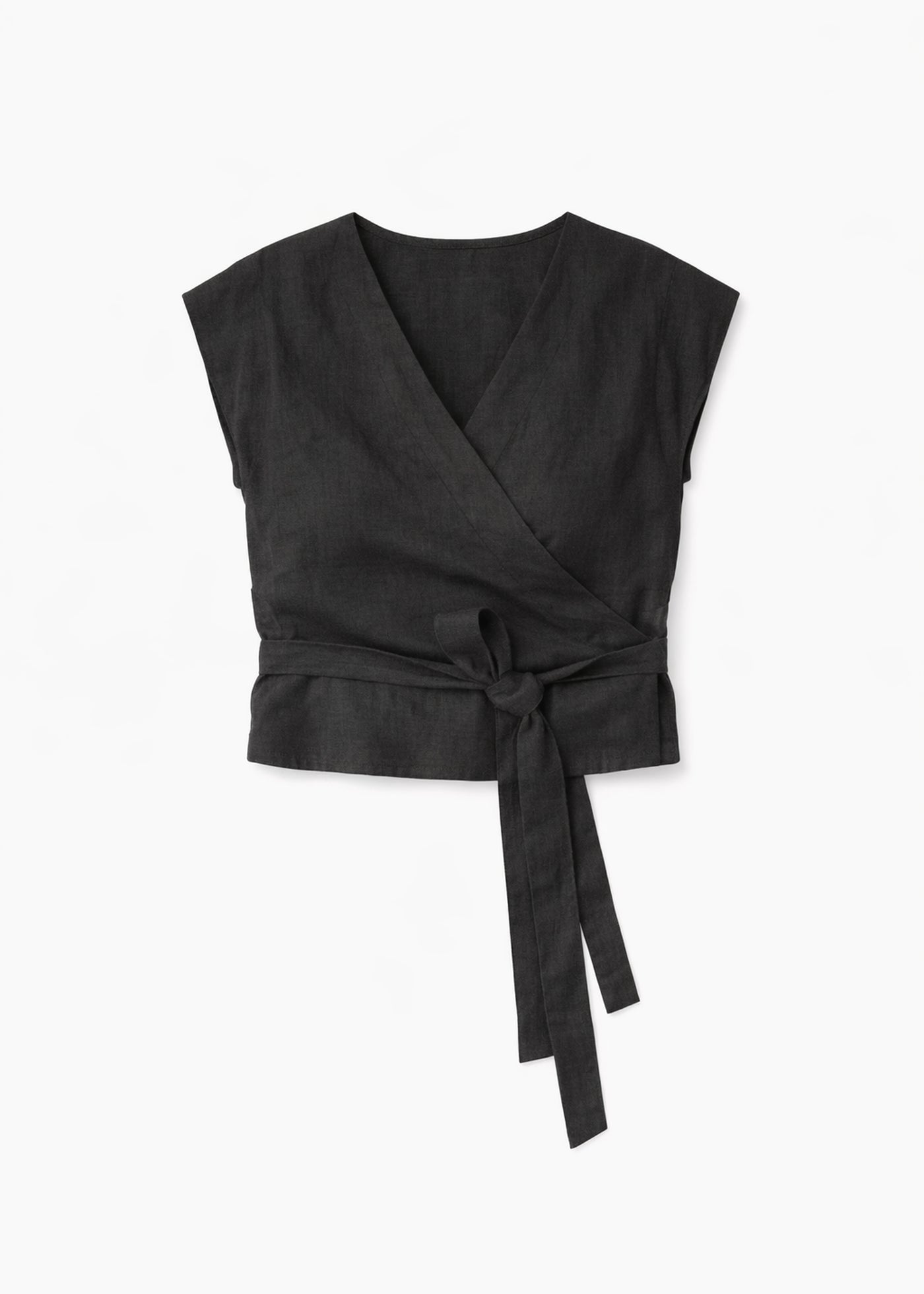Cropped Drop-Shoulder Linen Wrap Top in Black — flat lay