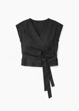 Cropped Drop-Shoulder Linen Wrap Top in Black — flat lay